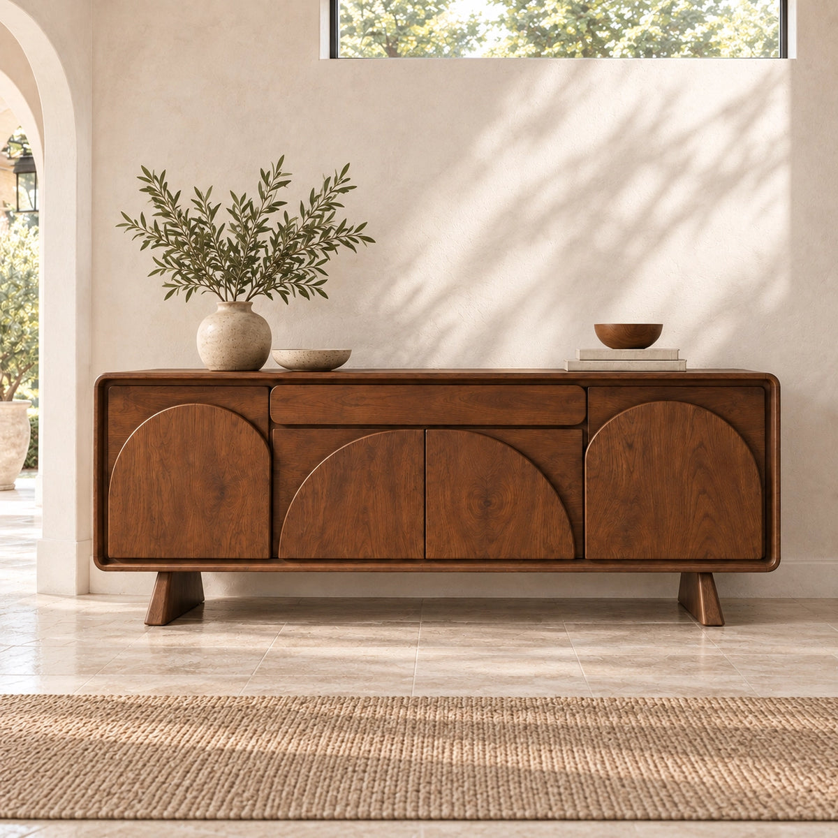 Sideboard for Dining Storage with Arched Curved Panel Doors in Natural Wood - Rustiracraft