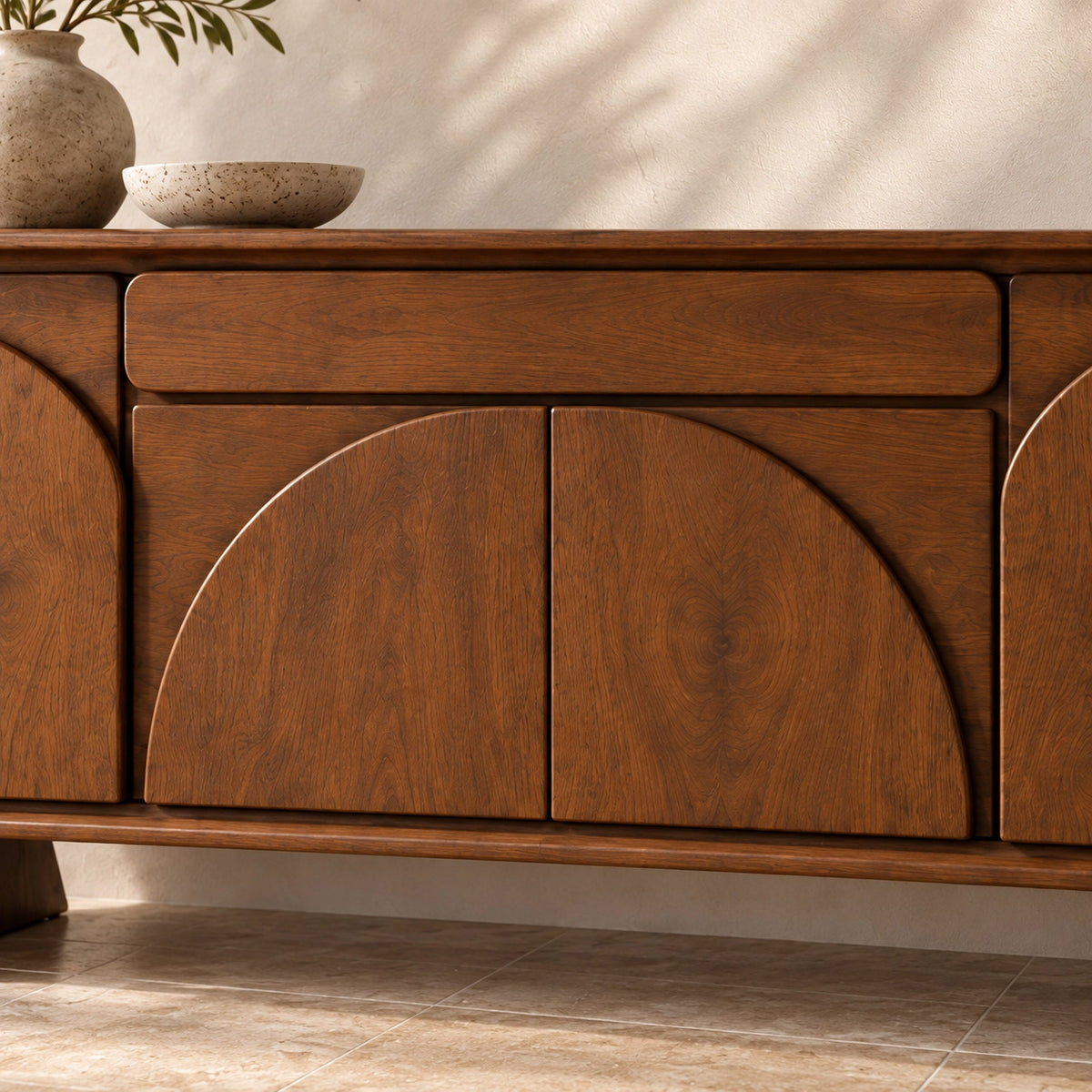 Sideboard for Dining Storage with Arched Curved Panel Doors in Natural Wood - Rustiracraft