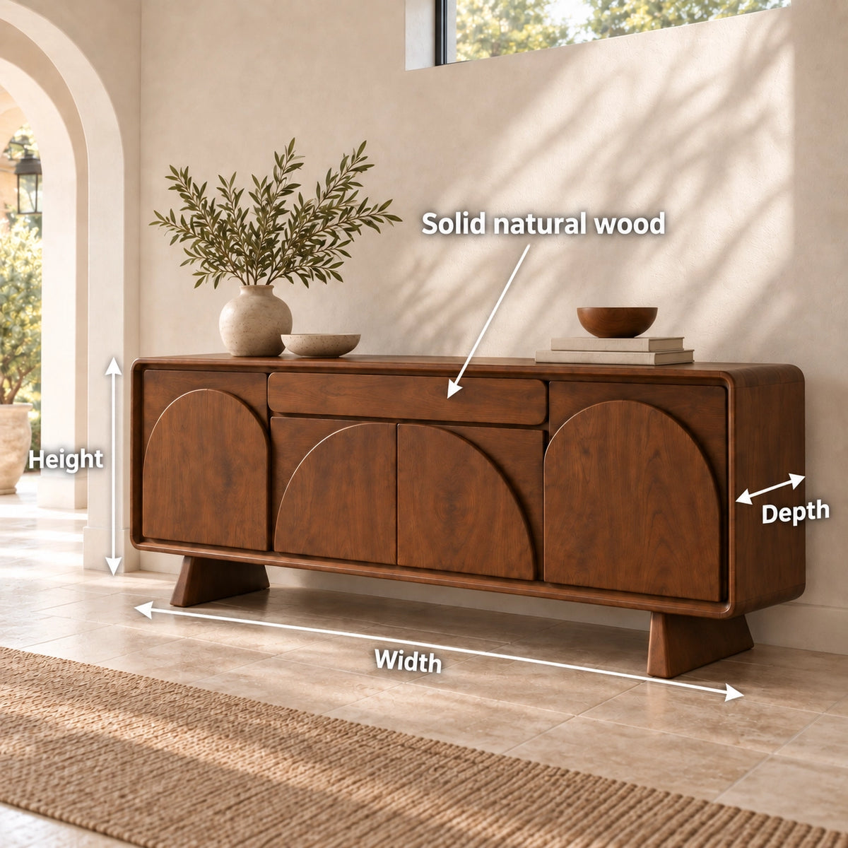 Sideboard for Dining Storage with Arched Curved Panel Doors in Natural Wood - Rustiracraft
