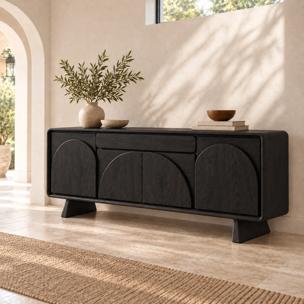 Sideboard for Dining Storage with Arched Curved Panel Doors in Natural Wood - Rustiracraft
