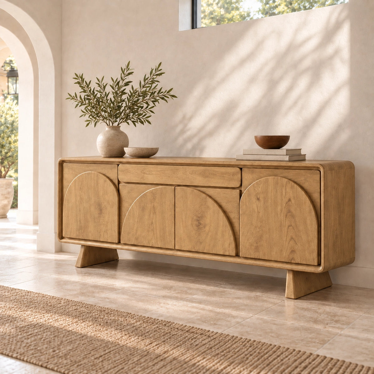 Sideboard for Dining Storage with Arched Curved Panel Doors in Natural Wood - Rustiracraft