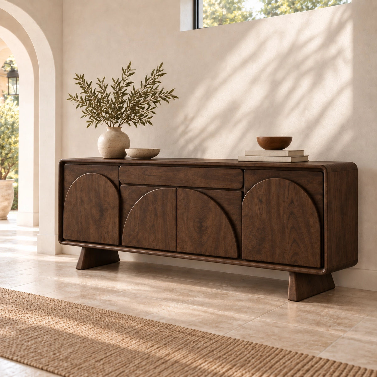 Sideboard for Dining Storage with Arched Curved Panel Doors in Natural Wood - Rustiracraft