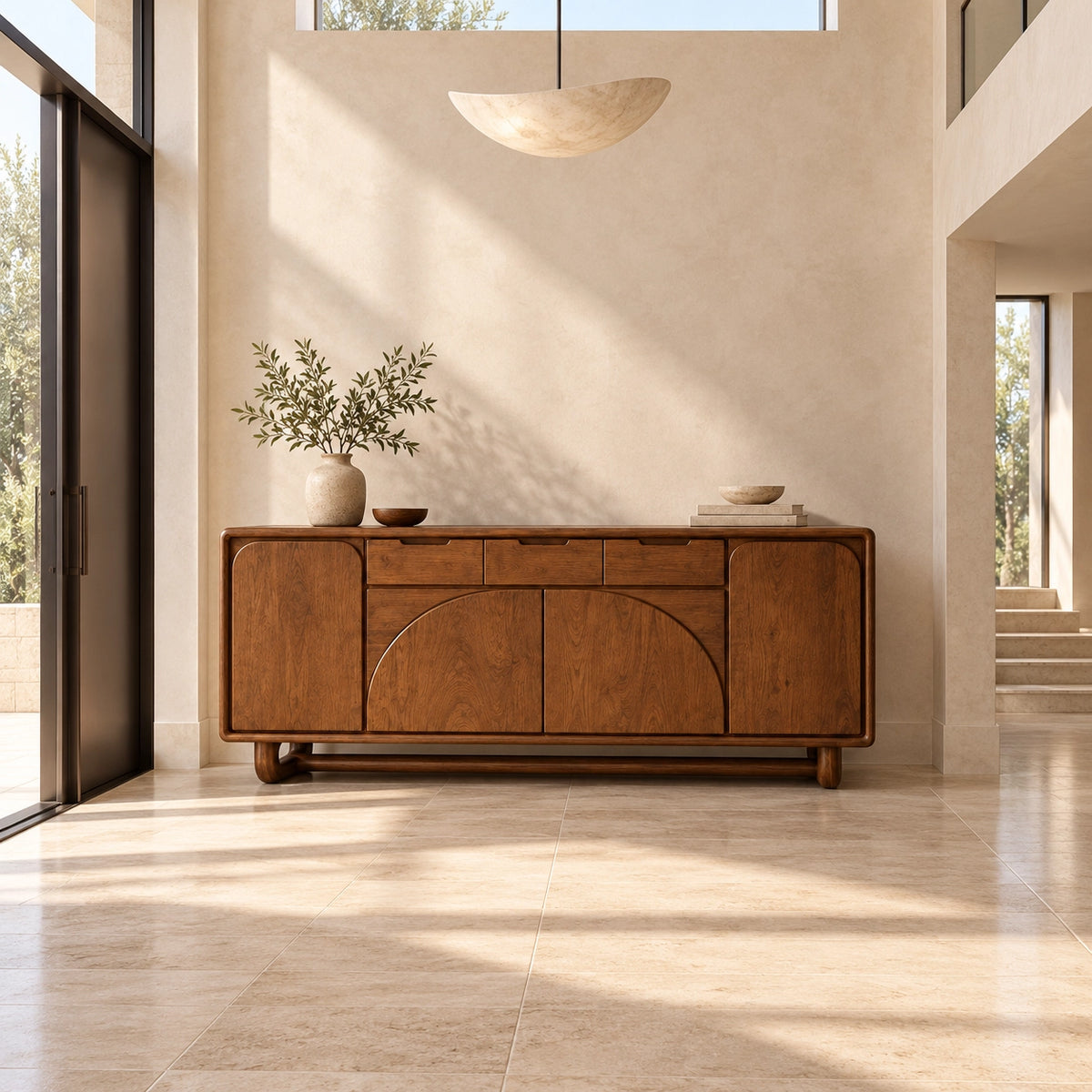 Sideboard with Arched Panel Doors and Upper Drawers in Natural Solid Wood - Rustiracraft