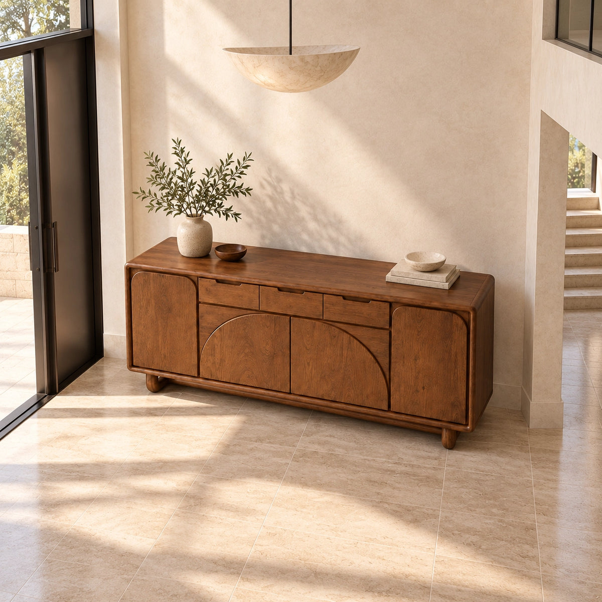 Sideboard with Arched Panel Doors and Upper Drawers in Natural Solid Wood - Rustiracraft