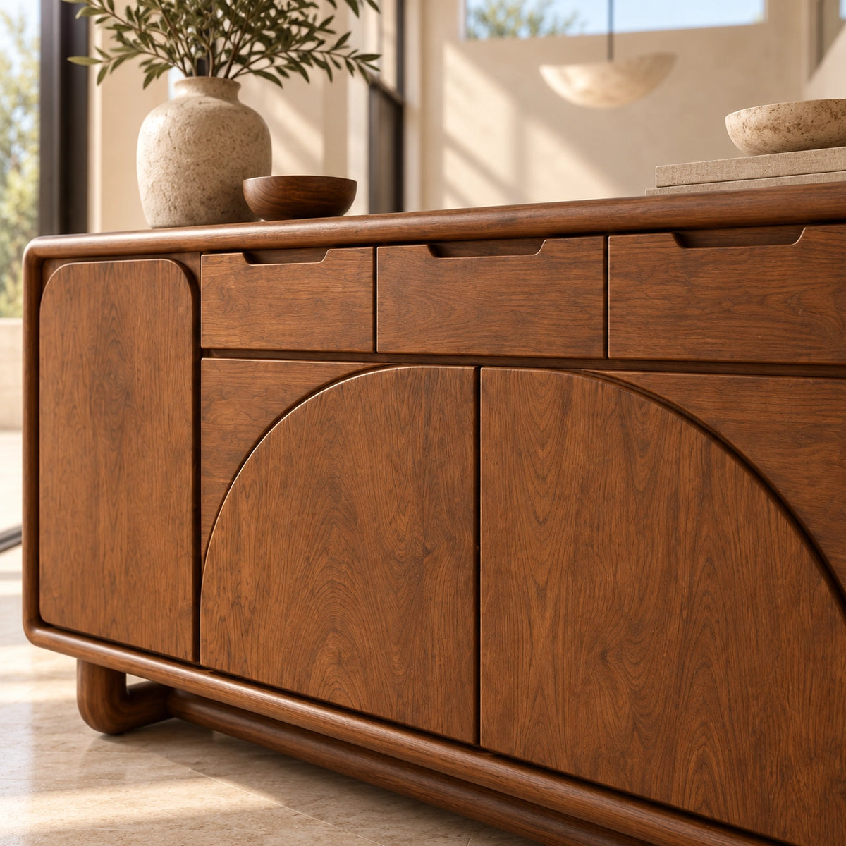 Sideboard with Arched Panel Doors and Upper Drawers in Natural Solid Wood - Rustiracraft