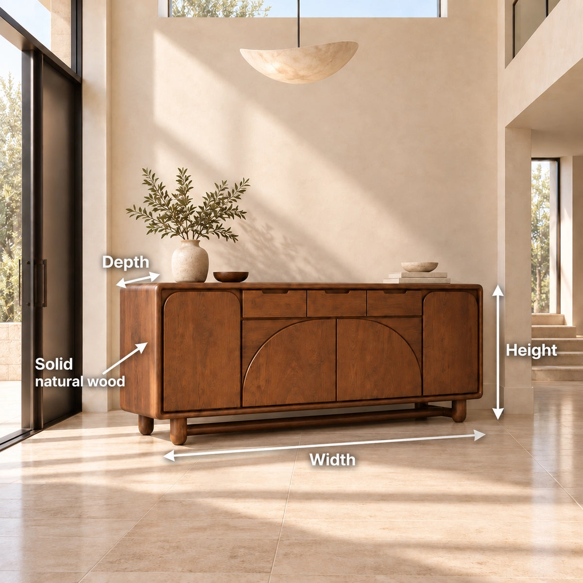 Sideboard with Arched Panel Doors and Upper Drawers in Natural Solid Wood - Rustiracraft