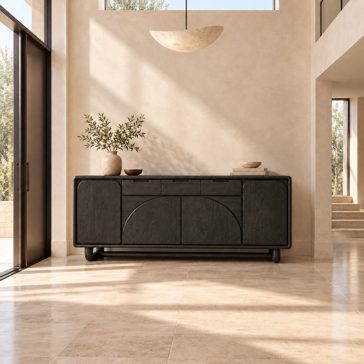 Sideboard with Arched Panel Doors and Upper Drawers in Natural Solid Wood - Rustiracraft