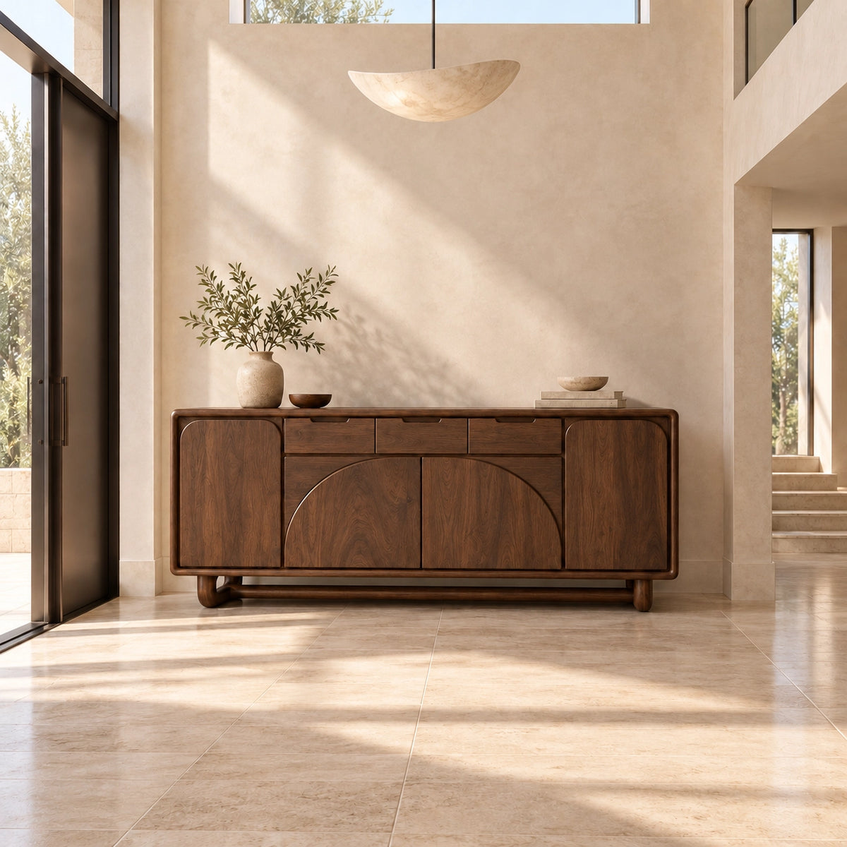 Sideboard with Arched Panel Doors and Upper Drawers in Natural Solid Wood - Rustiracraft
