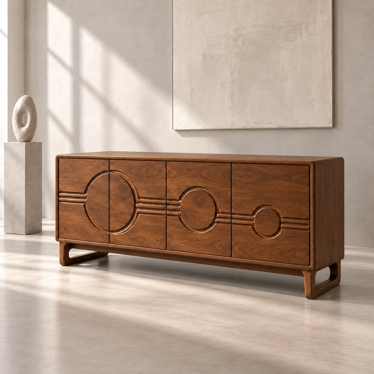 Sideboard with Circular-Carved Cabinet Doors in Natural Solid Wood - Rustiracraft