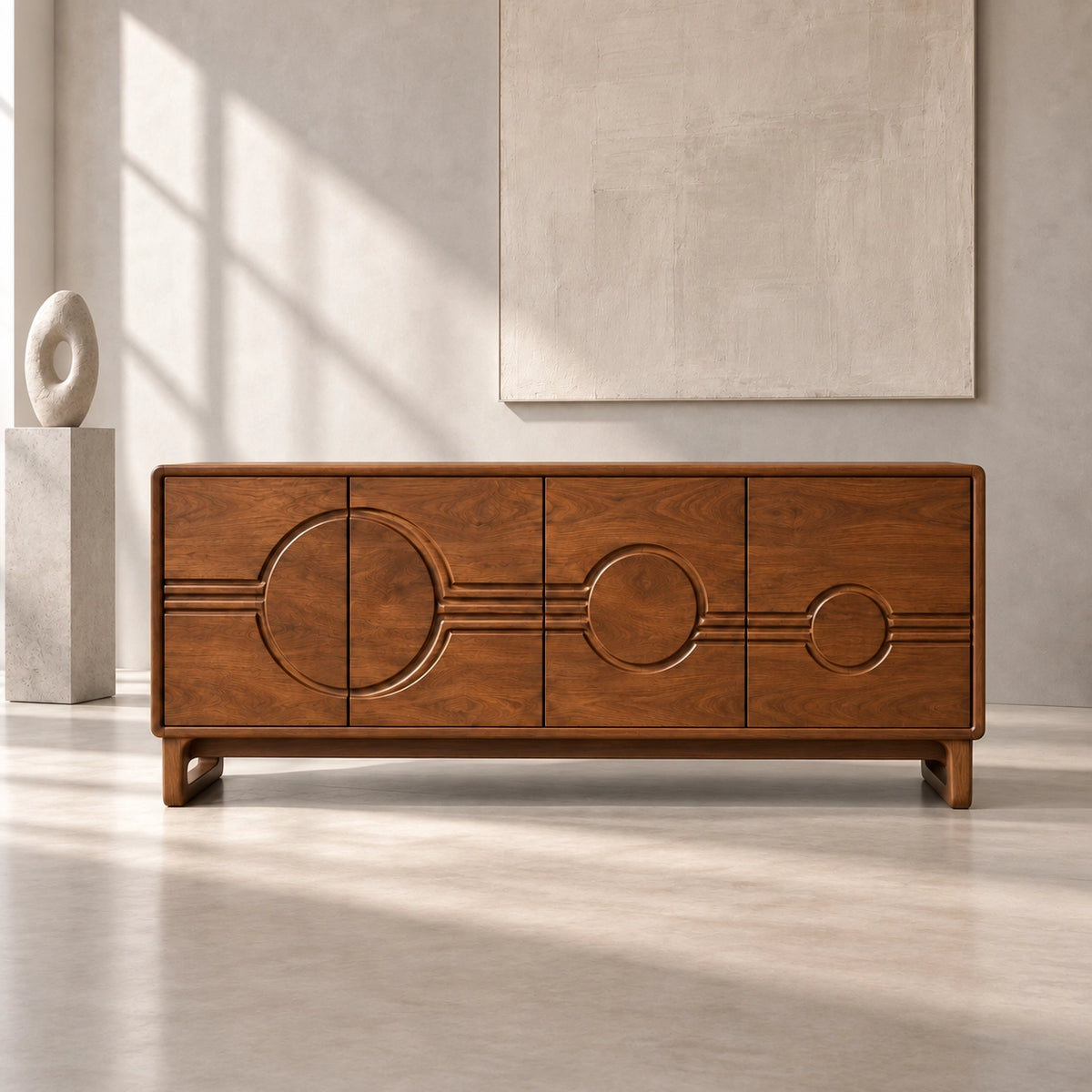 Sideboard with Circular-Carved Cabinet Doors in Natural Solid Wood - Rustiracraft
