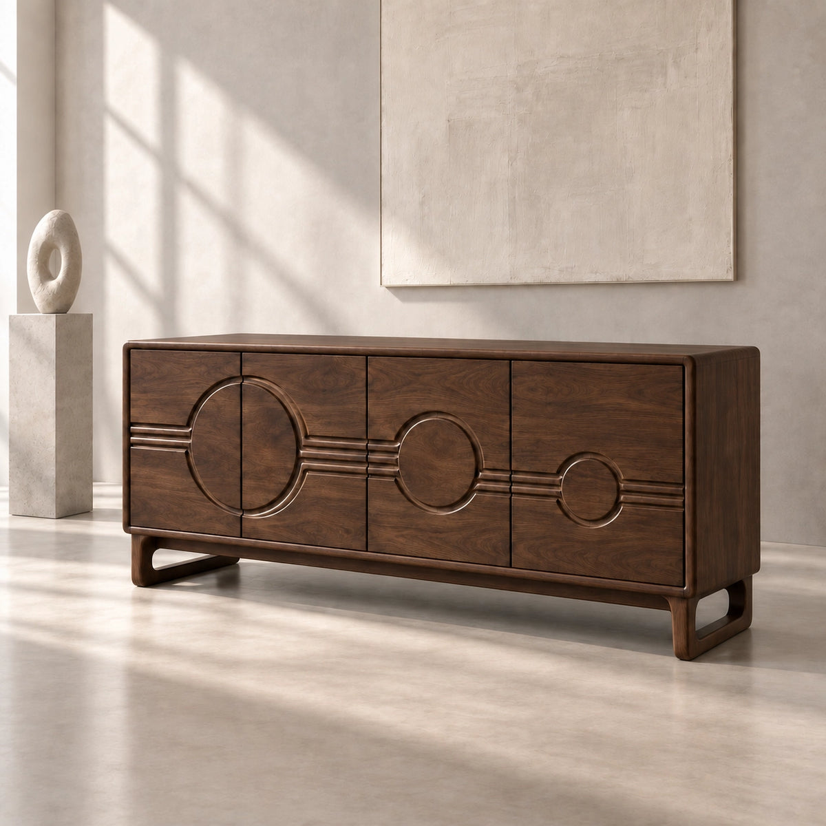 Sideboard with Circular-Carved Cabinet Doors in Natural Solid Wood - Rustiracraft
