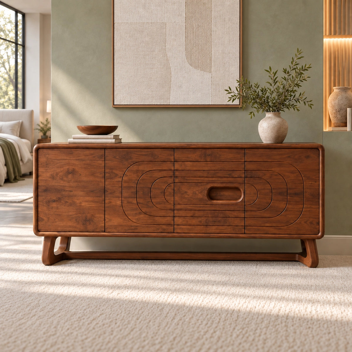 Sideboard with Concentric Oval Carved Center Panel in Natural Solid Wood - Rustiracraft
