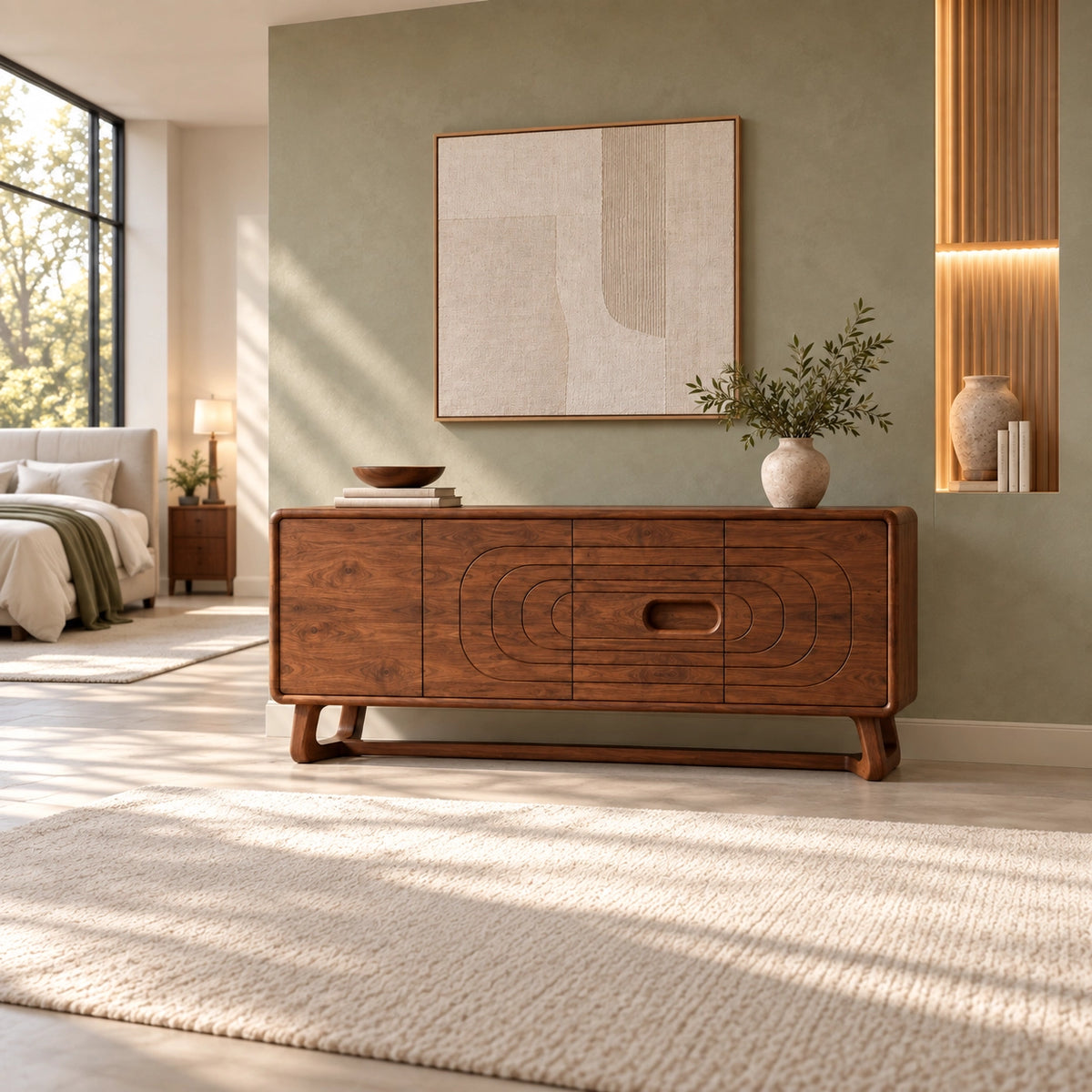 Sideboard with Concentric Oval Carved Center Panel in Natural Solid Wood - Rustiracraft