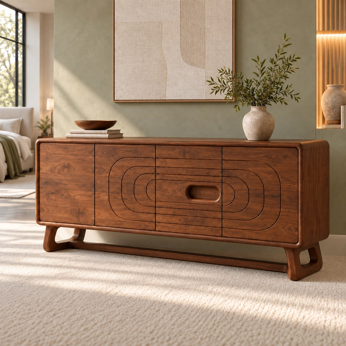 Sideboard with Concentric Oval Carved Center Panel in Natural Solid Wood - Rustiracraft