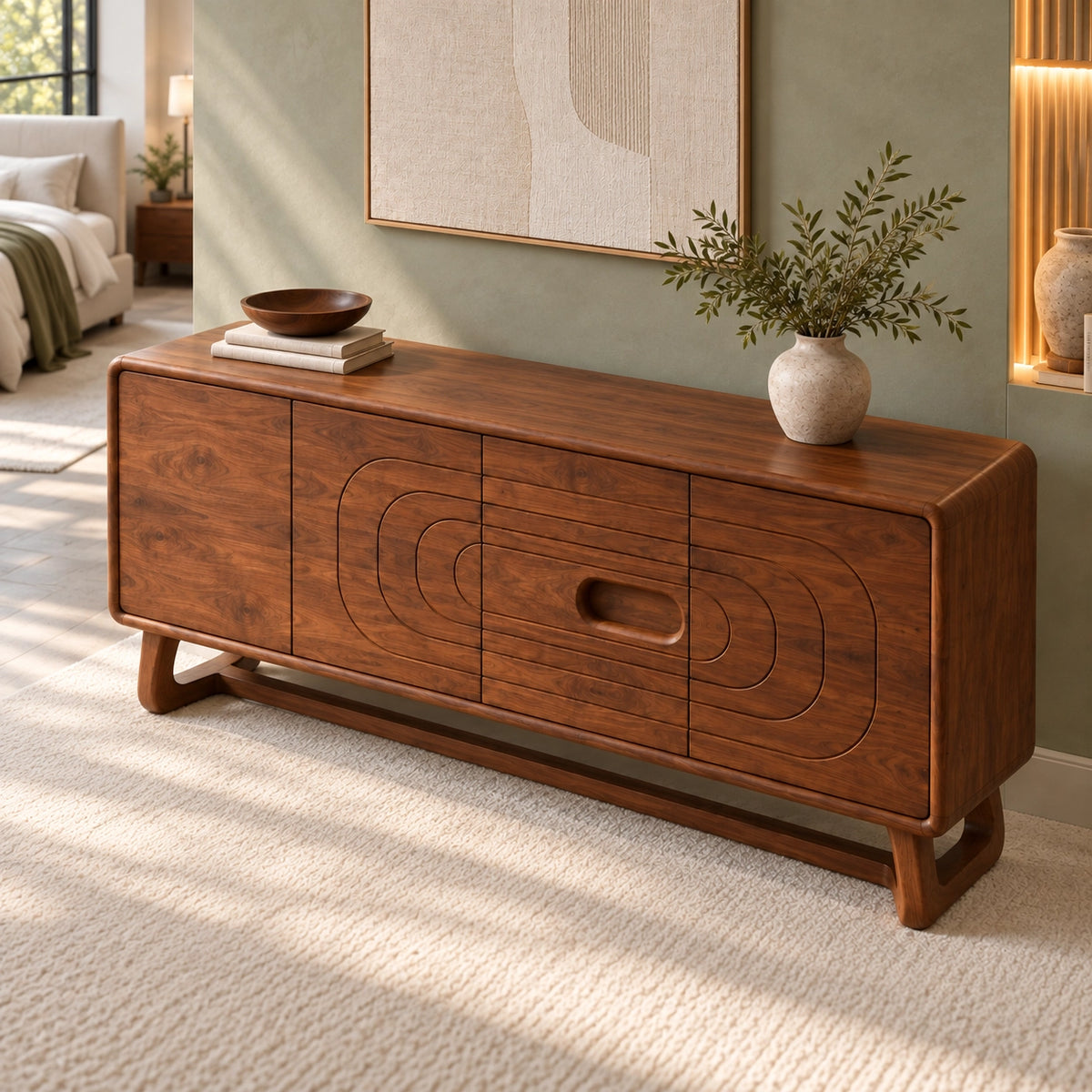 Sideboard with Concentric Oval Carved Center Panel in Natural Solid Wood - Rustiracraft