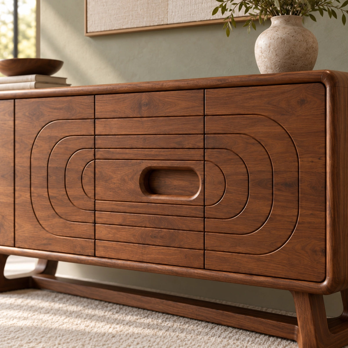 Sideboard with Concentric Oval Carved Center Panel in Natural Solid Wood - Rustiracraft