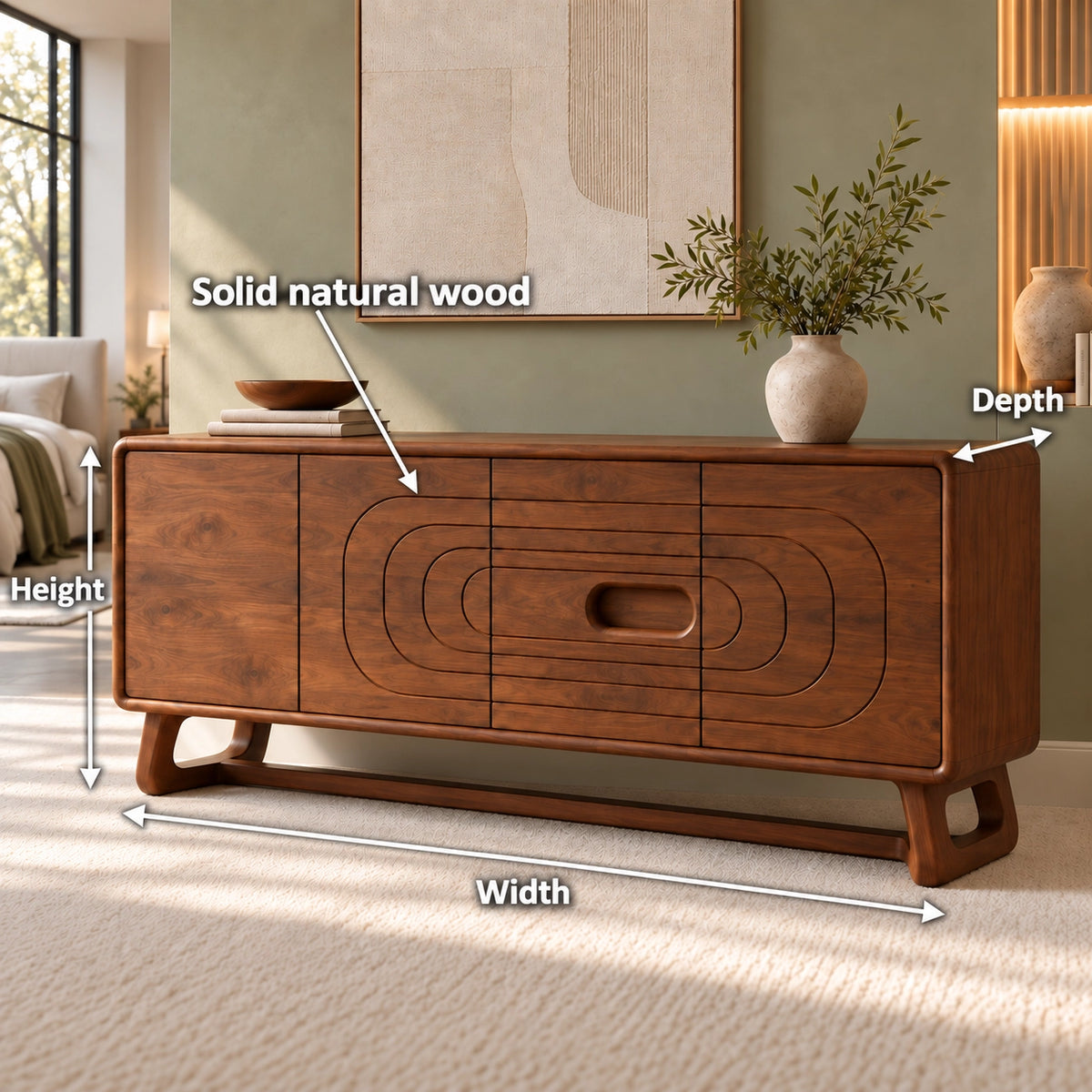 Sideboard with Concentric Oval Carved Center Panel in Natural Solid Wood - Rustiracraft