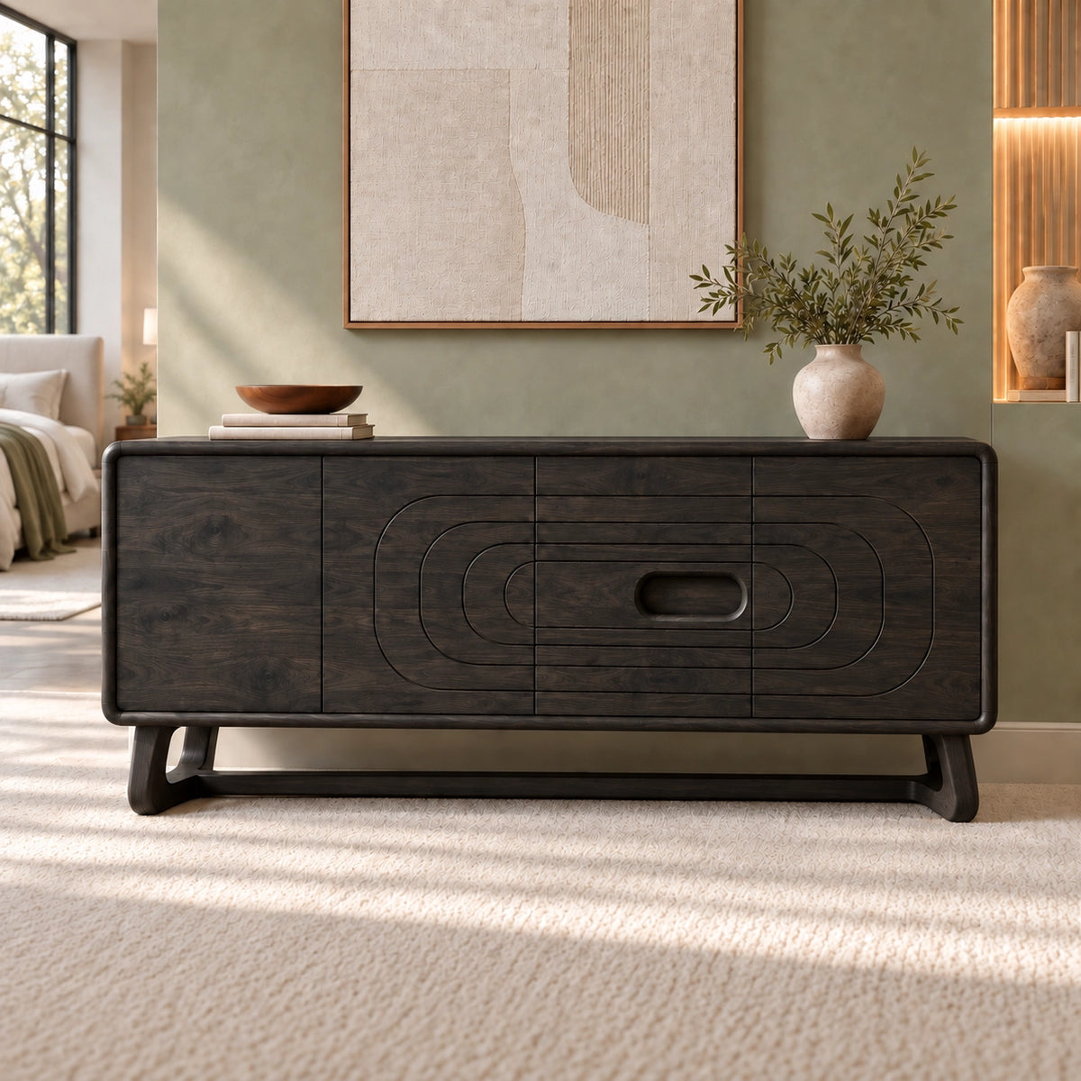 Sideboard with Concentric Oval Carved Center Panel in Natural Solid Wood - Rustiracraft