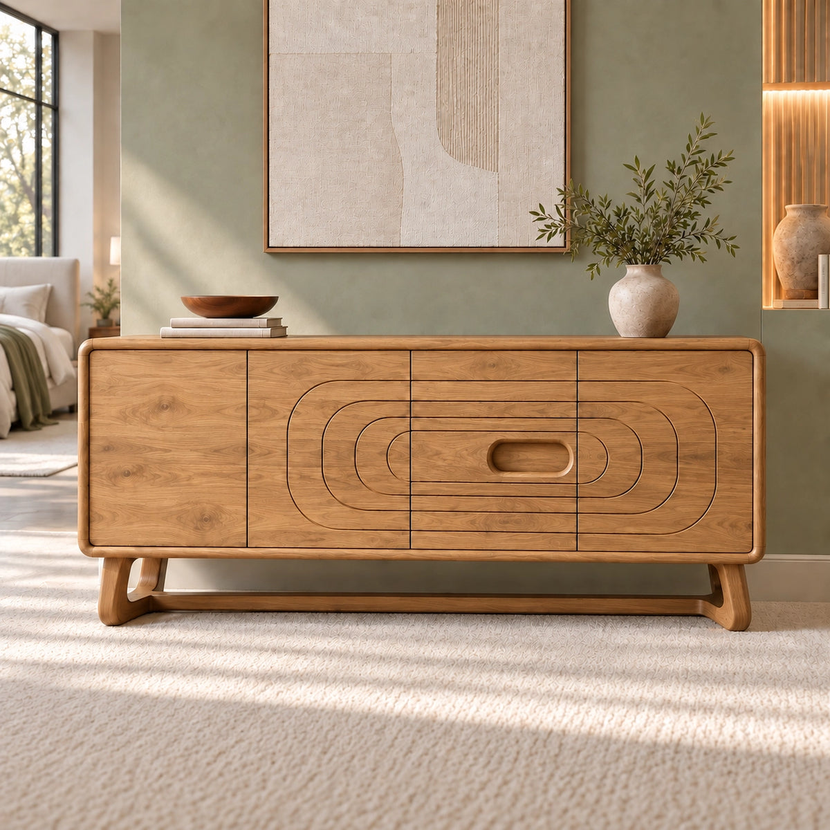 Sideboard with Concentric Oval Carved Center Panel in Natural Solid Wood - Rustiracraft