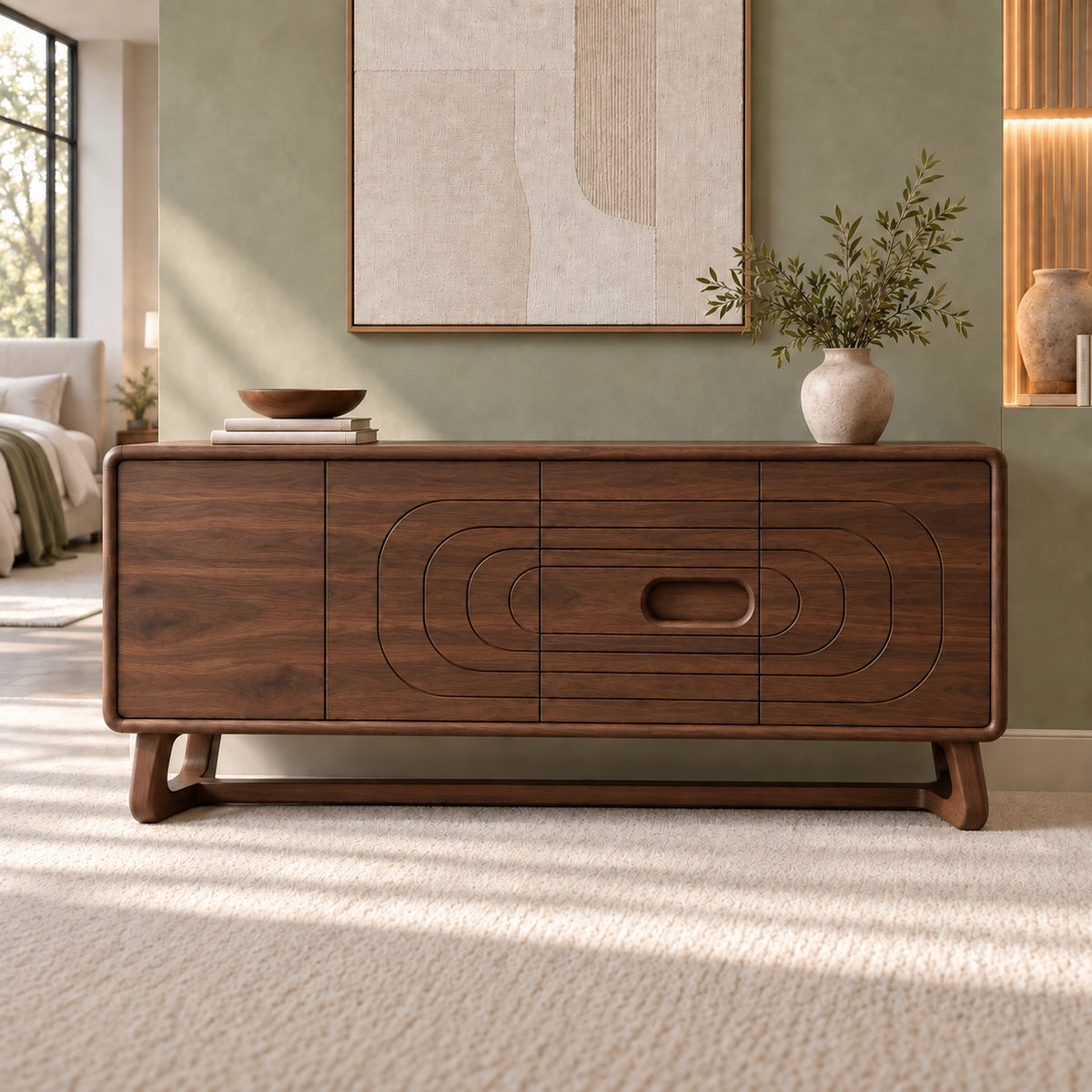 Sideboard with Concentric Oval Carved Center Panel in Natural Solid Wood - Rustiracraft