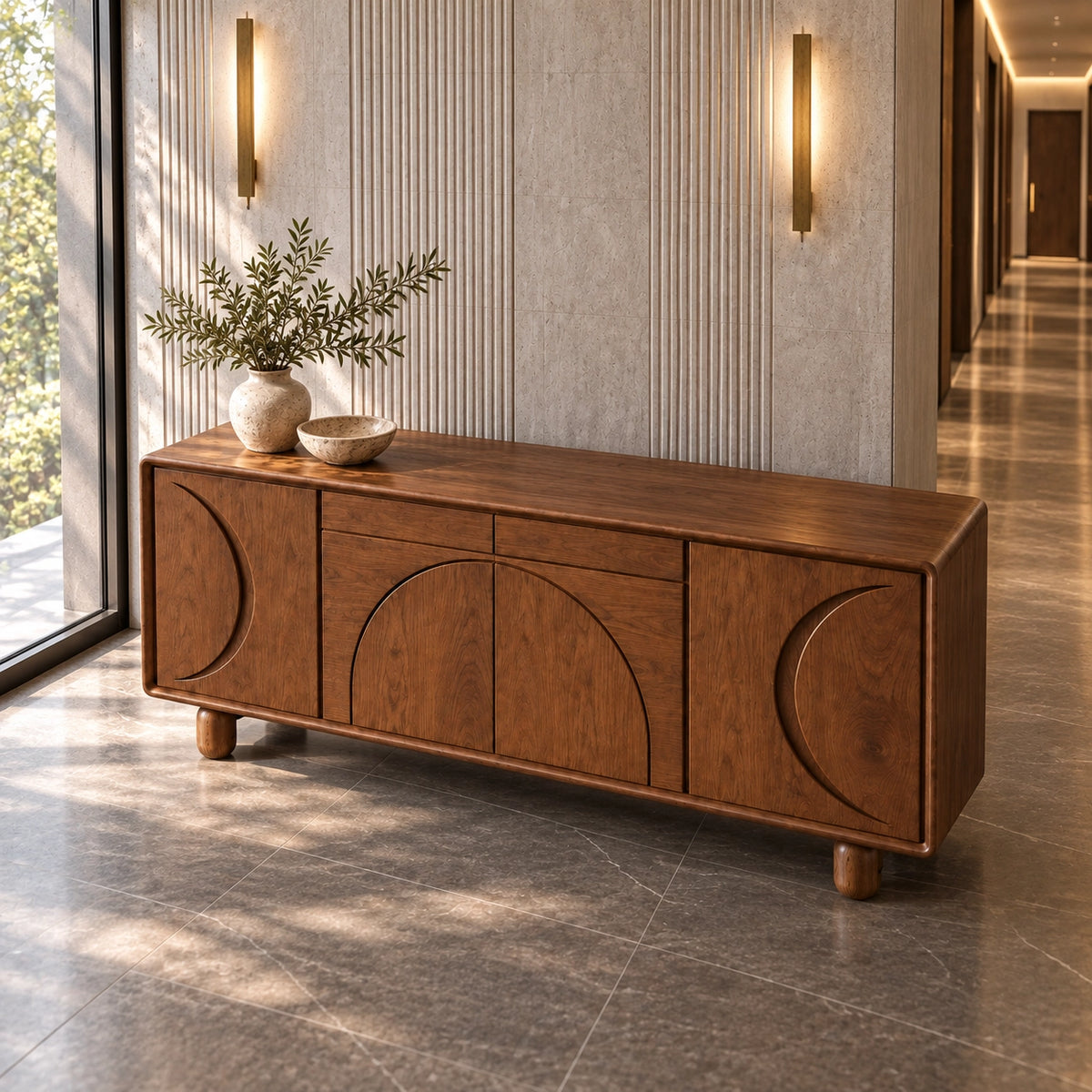 Sideboard with Curved Arc-Carved Doors in Natural Solid Wood Storage - Rustiracraft