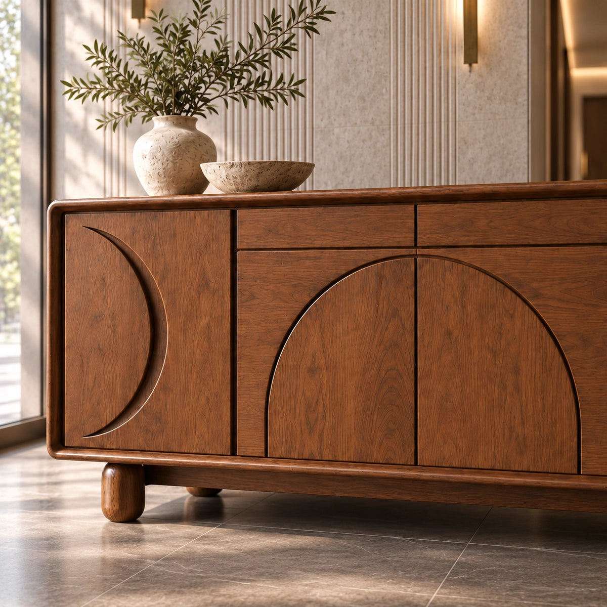 Sideboard with Curved Arc-Carved Doors in Natural Solid Wood Storage - Rustiracraft