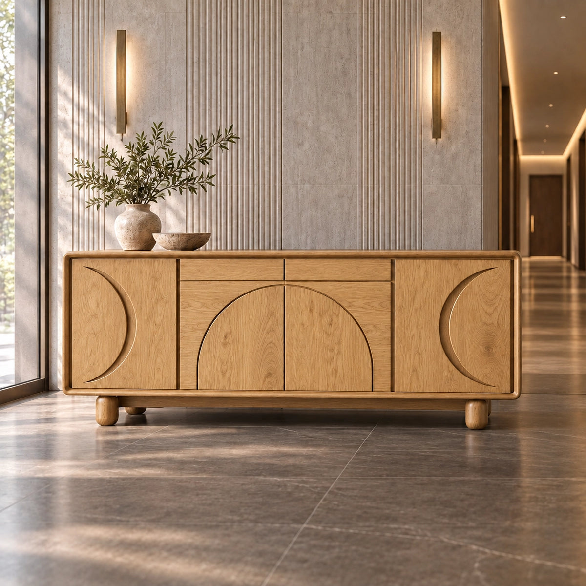 Sideboard with Curved Arc-Carved Doors in Natural Solid Wood Storage - Rustiracraft