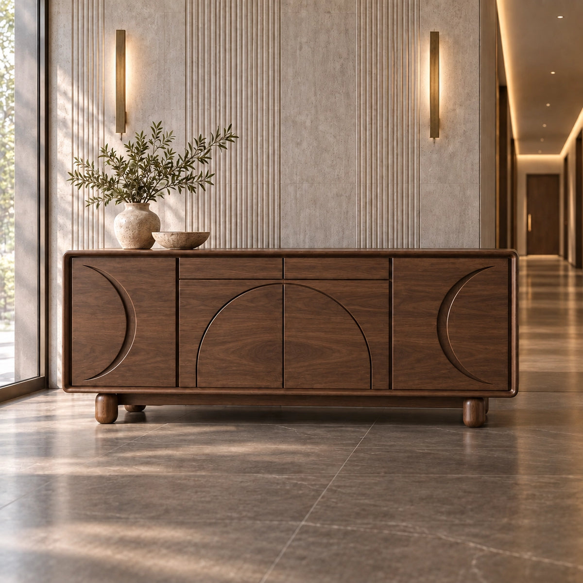 Sideboard with Curved Arc-Carved Doors in Natural Solid Wood Storage - Rustiracraft