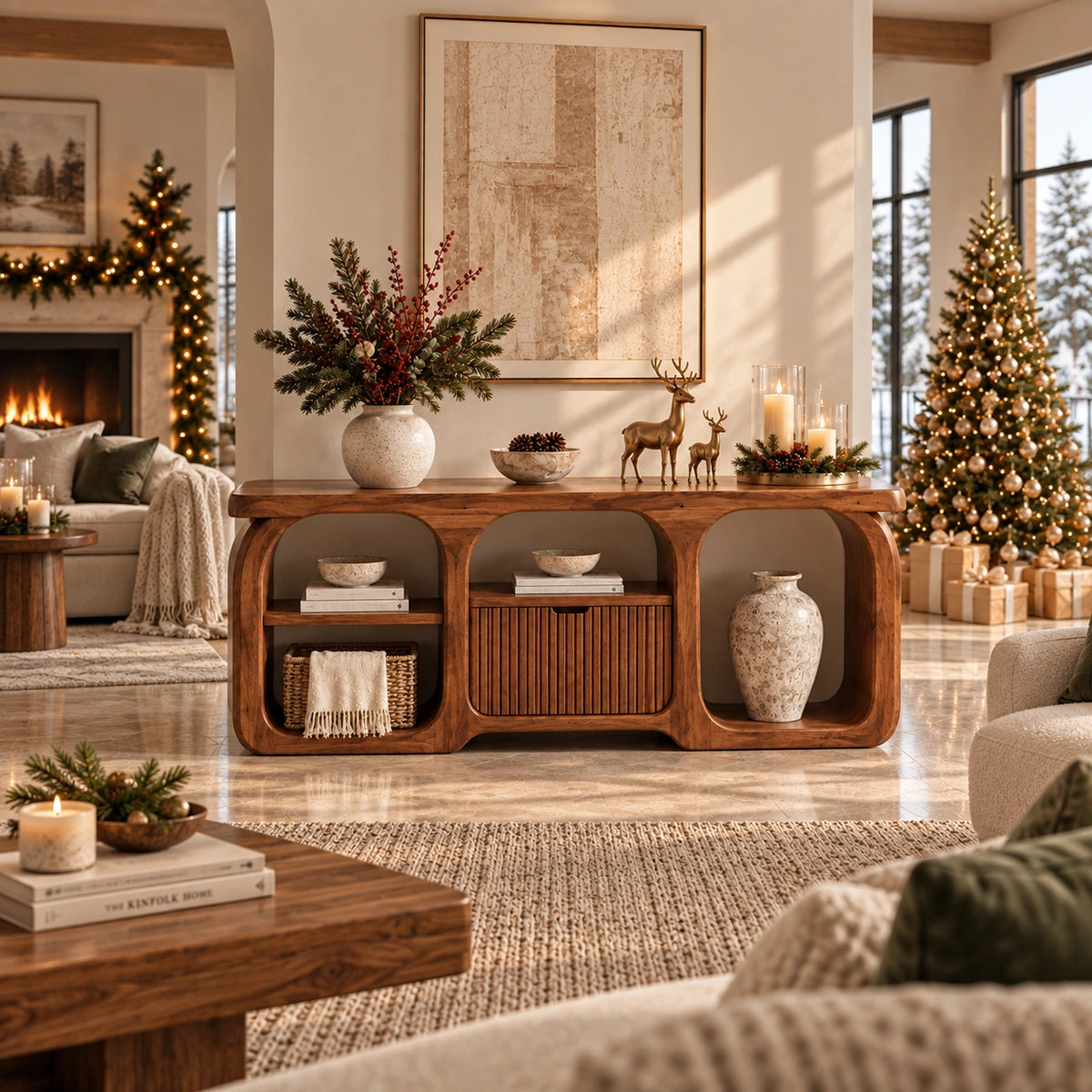 Sideboard with Curved Arched Nooks and Fluted Cabinet in Natural Solid Wood - Rustiracraft
