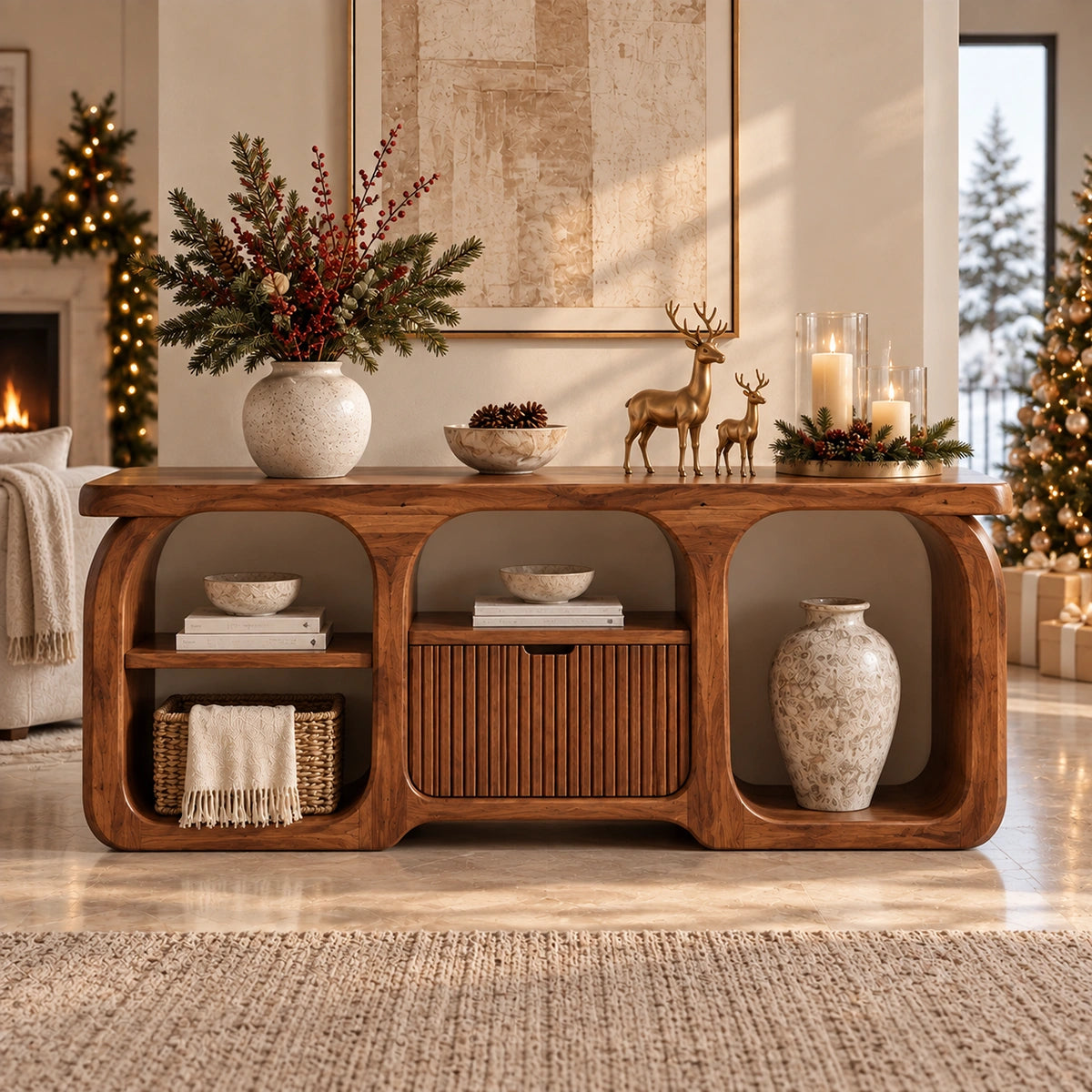 Sideboard with Curved Arched Nooks and Fluted Cabinet in Natural Solid Wood - Rustiracraft