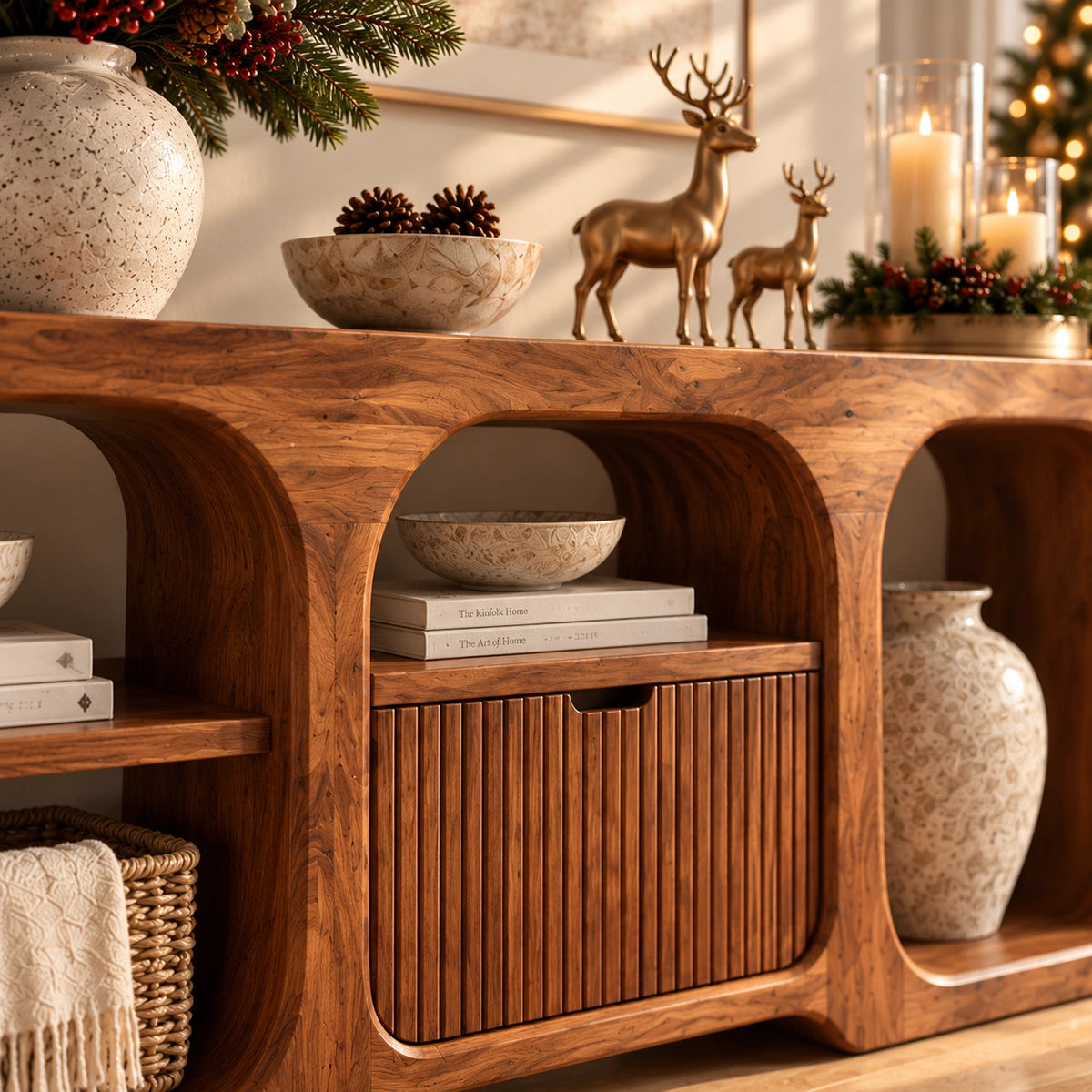 Sideboard with Curved Arched Nooks and Fluted Cabinet in Natural Solid Wood - Rustiracraft