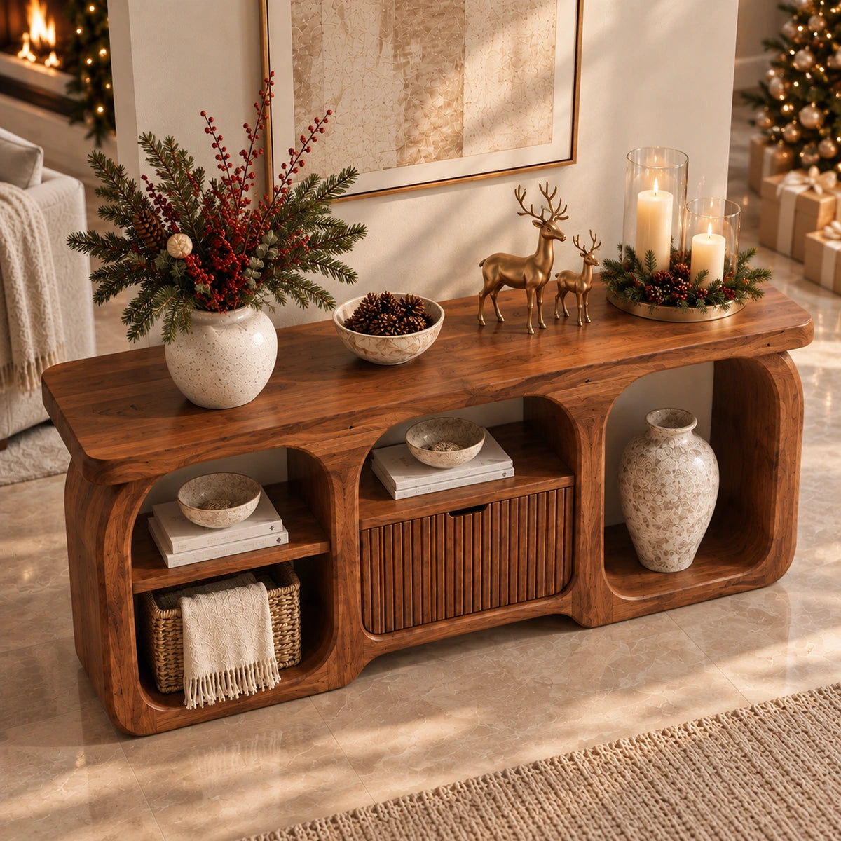 Sideboard with Curved Arched Nooks and Fluted Cabinet in Natural Solid Wood - Rustiracraft