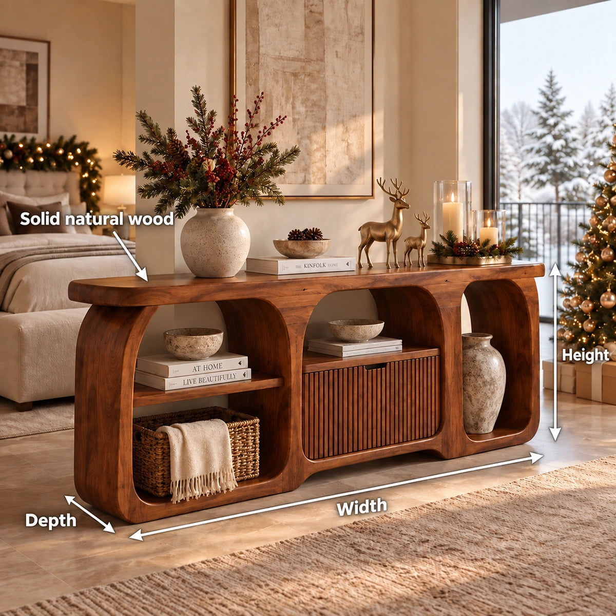 Sideboard with Curved Arched Nooks and Fluted Cabinet in Natural Solid Wood - Rustiracraft
