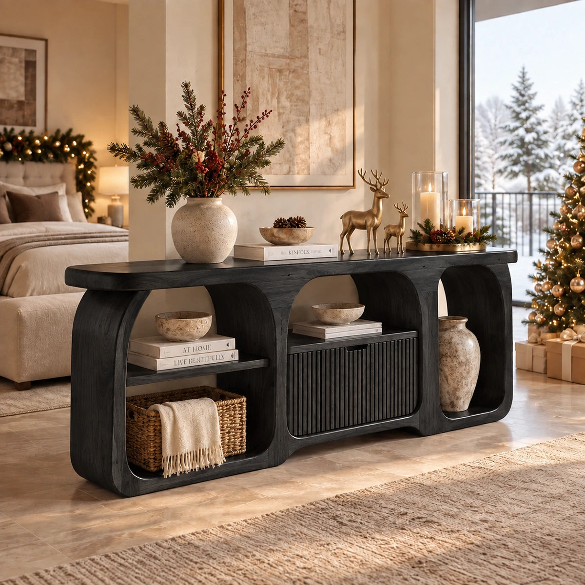 Sideboard with Curved Arched Nooks and Fluted Cabinet in Natural Solid Wood - Rustiracraft