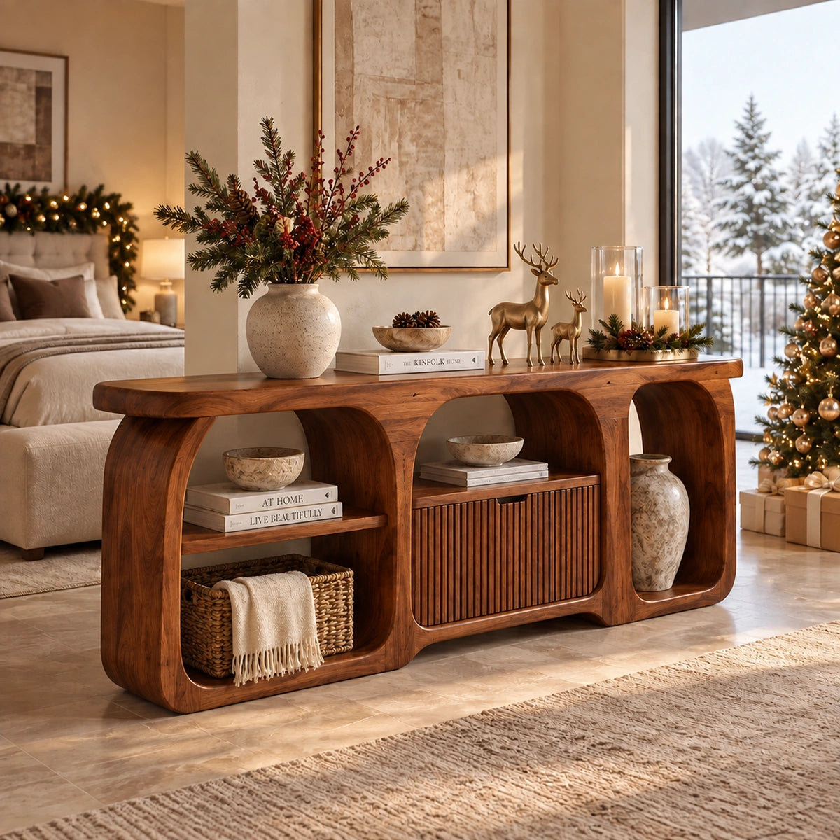 Sideboard with Curved Arched Nooks and Fluted Cabinet in Natural Solid Wood - Rustiracraft
