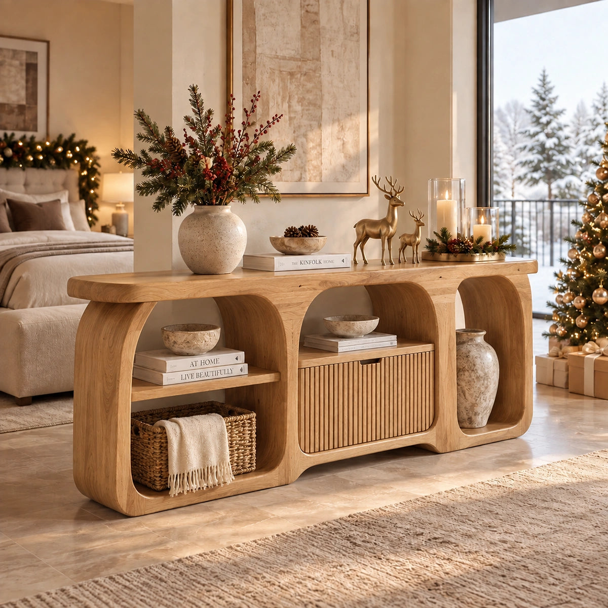 Sideboard with Curved Arched Nooks and Fluted Cabinet in Natural Solid Wood - Rustiracraft