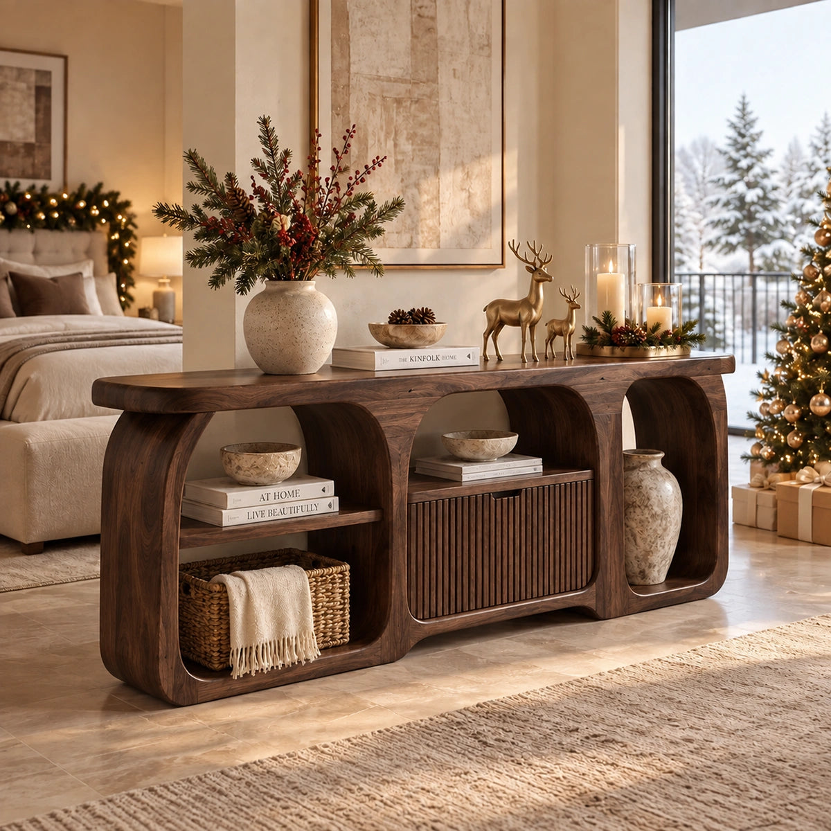 Sideboard with Curved Arched Nooks and Fluted Cabinet in Natural Solid Wood - Rustiracraft