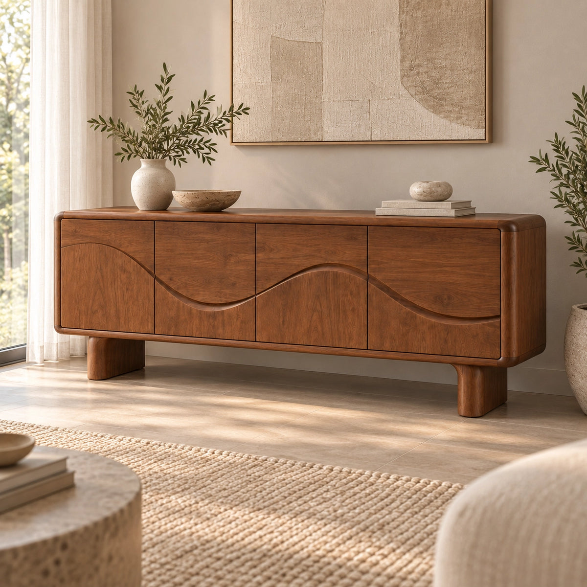 Sideboard with Flowing Wave-Carved Doors in Natural Solid Wood Storage - Rustiracraft