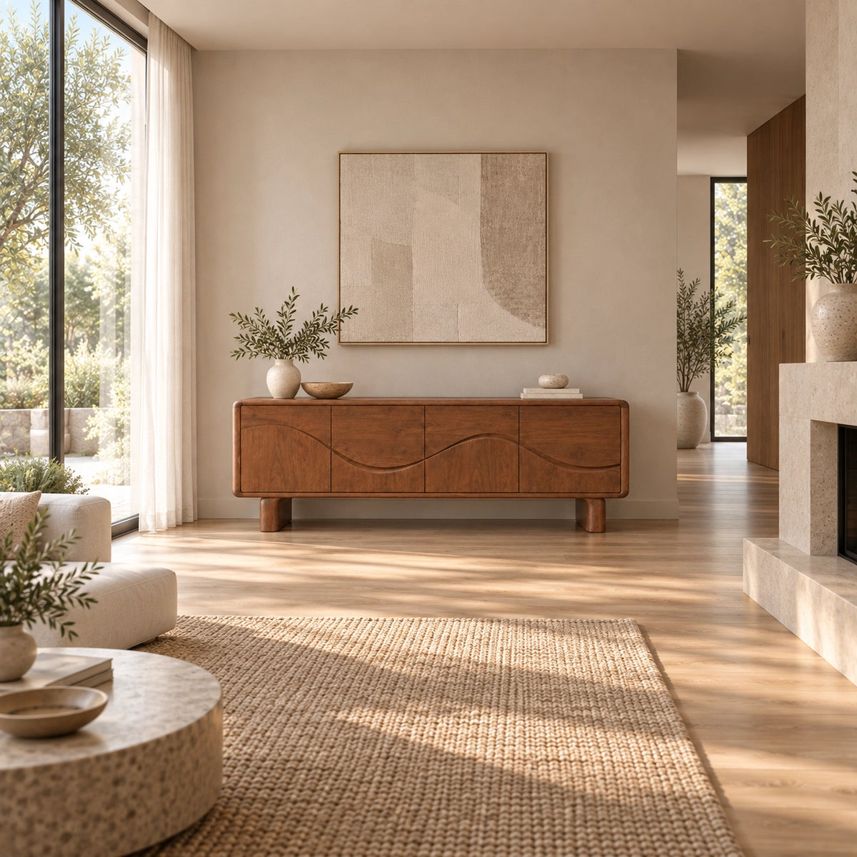 Sideboard with Flowing Wave-Carved Doors in Natural Solid Wood Storage - Rustiracraft