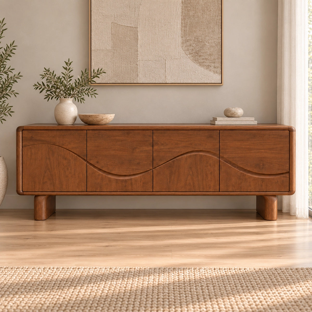 Sideboard with Flowing Wave-Carved Doors in Natural Solid Wood Storage - Rustiracraft