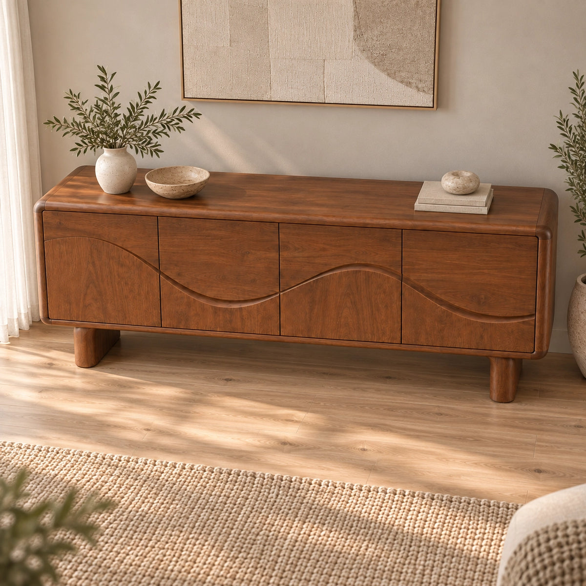Sideboard with Flowing Wave-Carved Doors in Natural Solid Wood Storage - Rustiracraft