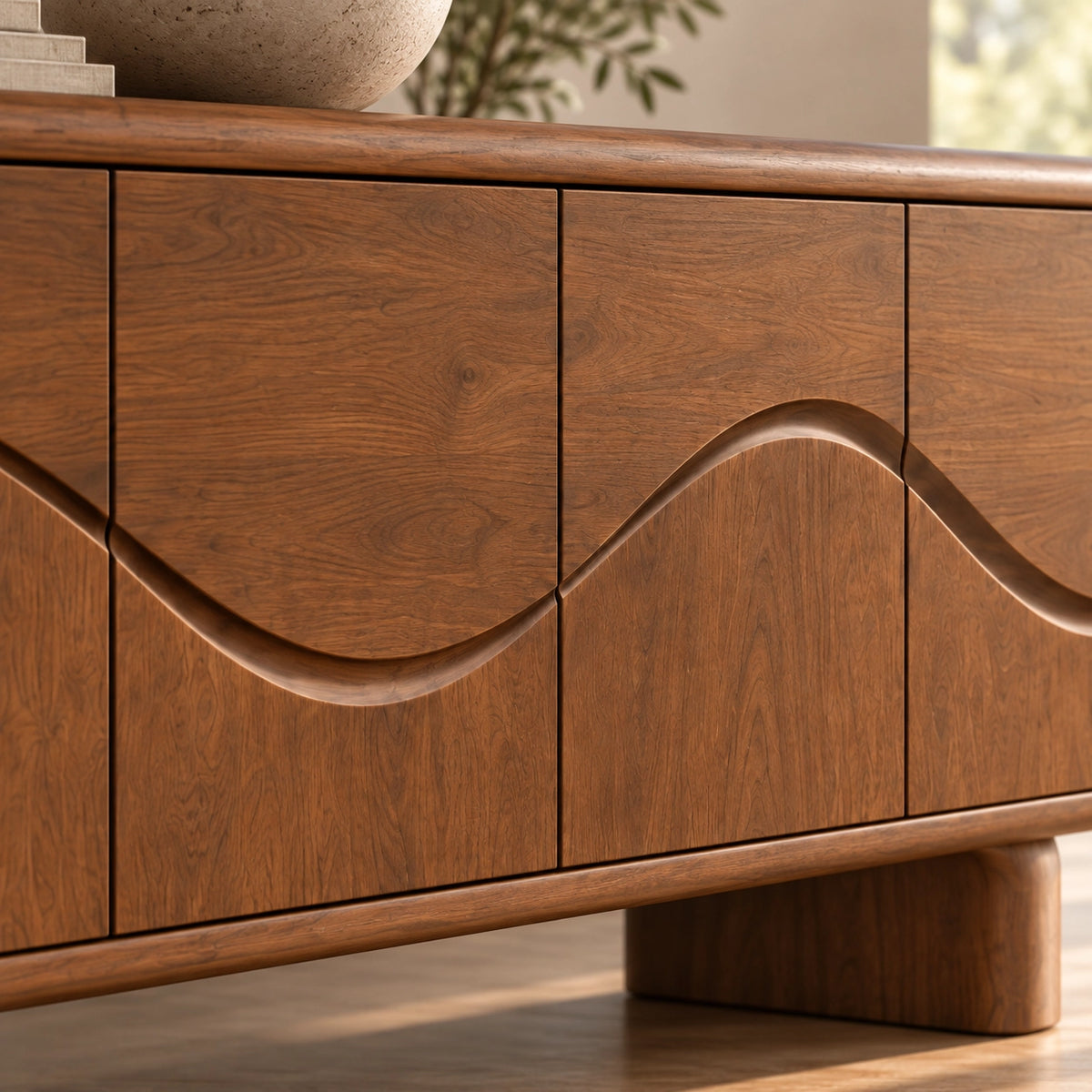 Sideboard with Flowing Wave-Carved Doors in Natural Solid Wood Storage - Rustiracraft