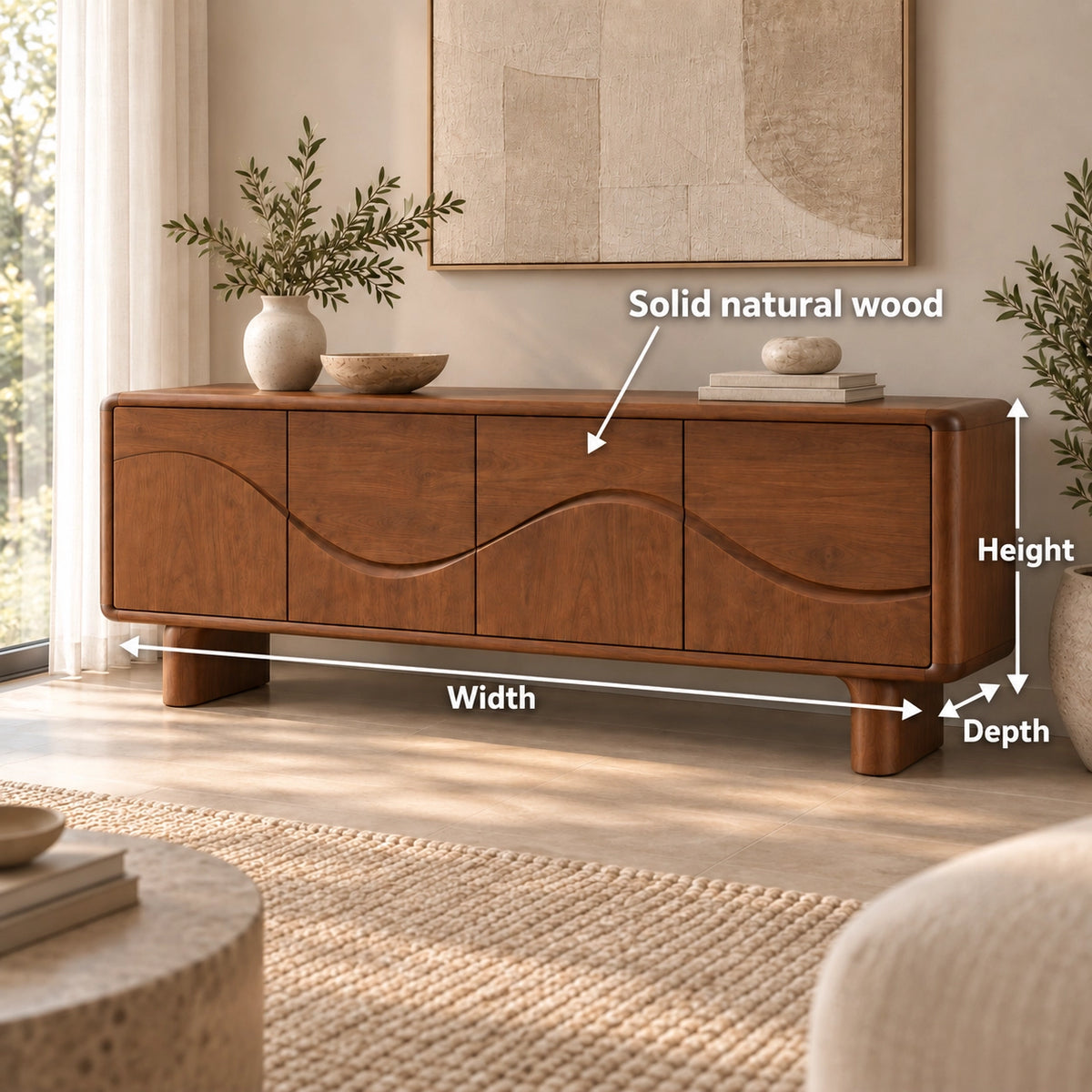 Sideboard with Flowing Wave-Carved Doors in Natural Solid Wood Storage - Rustiracraft
