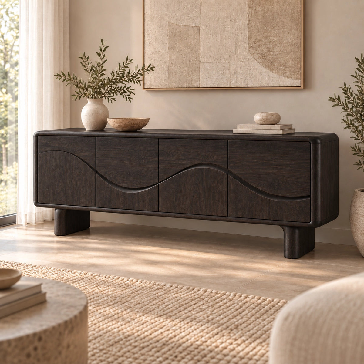 Sideboard with Flowing Wave-Carved Doors in Natural Solid Wood Storage - Rustiracraft