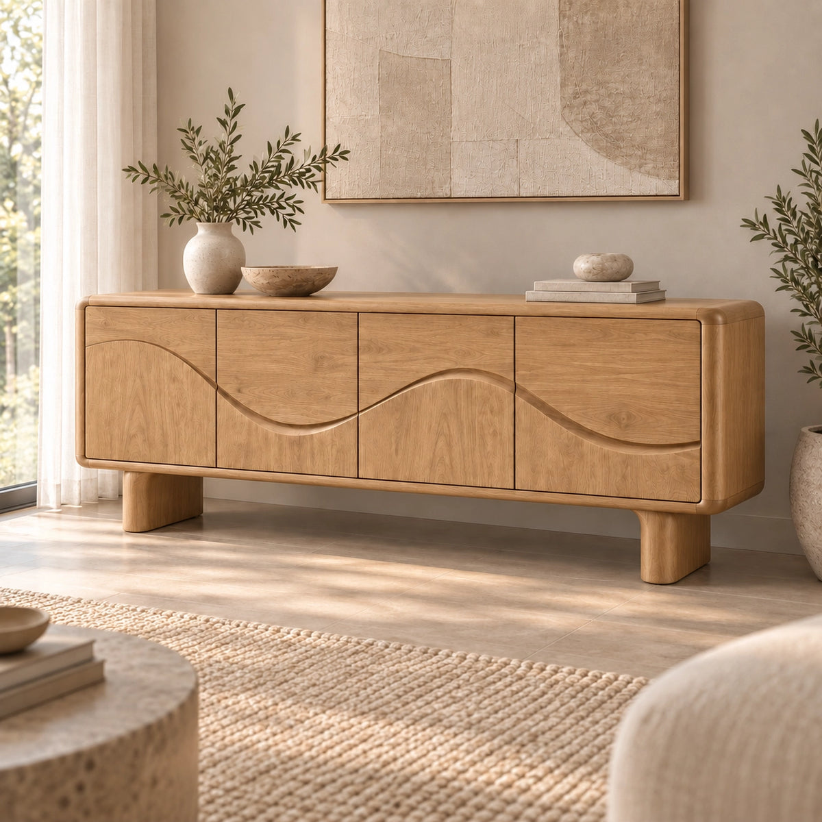 Sideboard with Flowing Wave-Carved Doors in Natural Solid Wood Storage - Rustiracraft