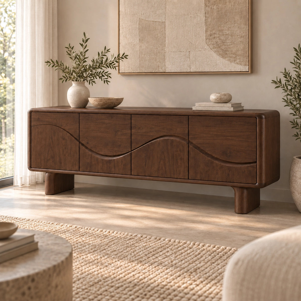 Sideboard with Flowing Wave-Carved Doors in Natural Solid Wood Storage - Rustiracraft