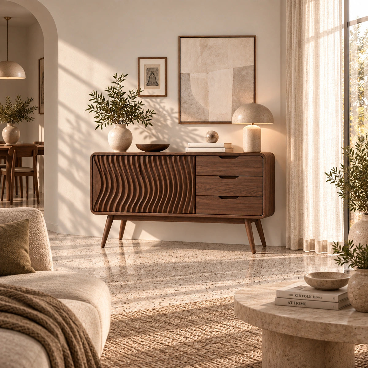 Sideboard with Fluted Cabinet Door and Three Drawers in Natural Solid Wood - Rustiracraft