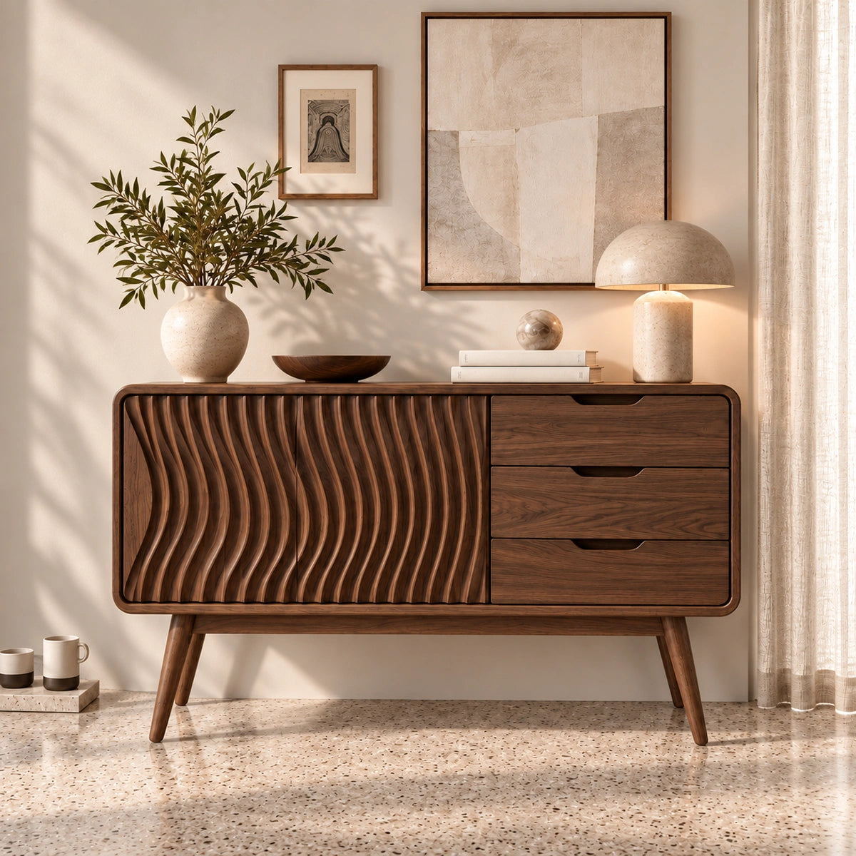 Sideboard with Fluted Cabinet Door and Three Drawers in Natural Solid Wood - Rustiracraft