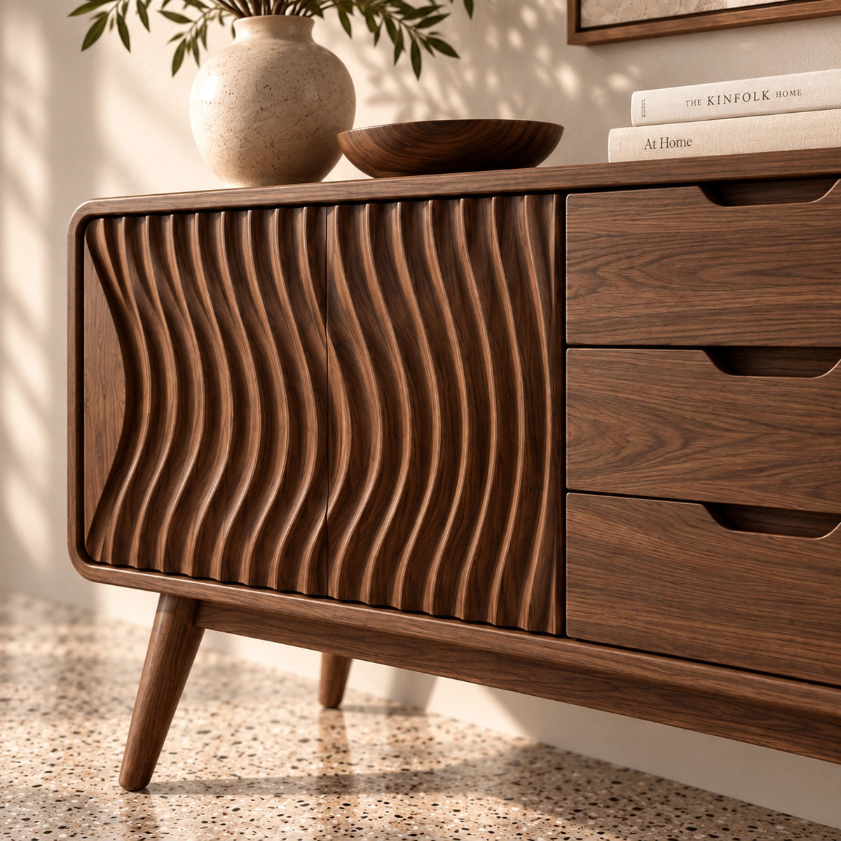 Sideboard with Fluted Cabinet Door and Three Drawers in Natural Solid Wood - Rustiracraft
