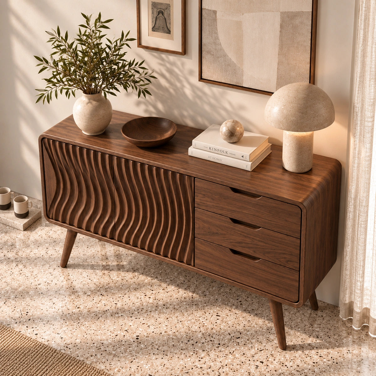 Sideboard with Fluted Cabinet Door and Three Drawers in Natural Solid Wood - Rustiracraft